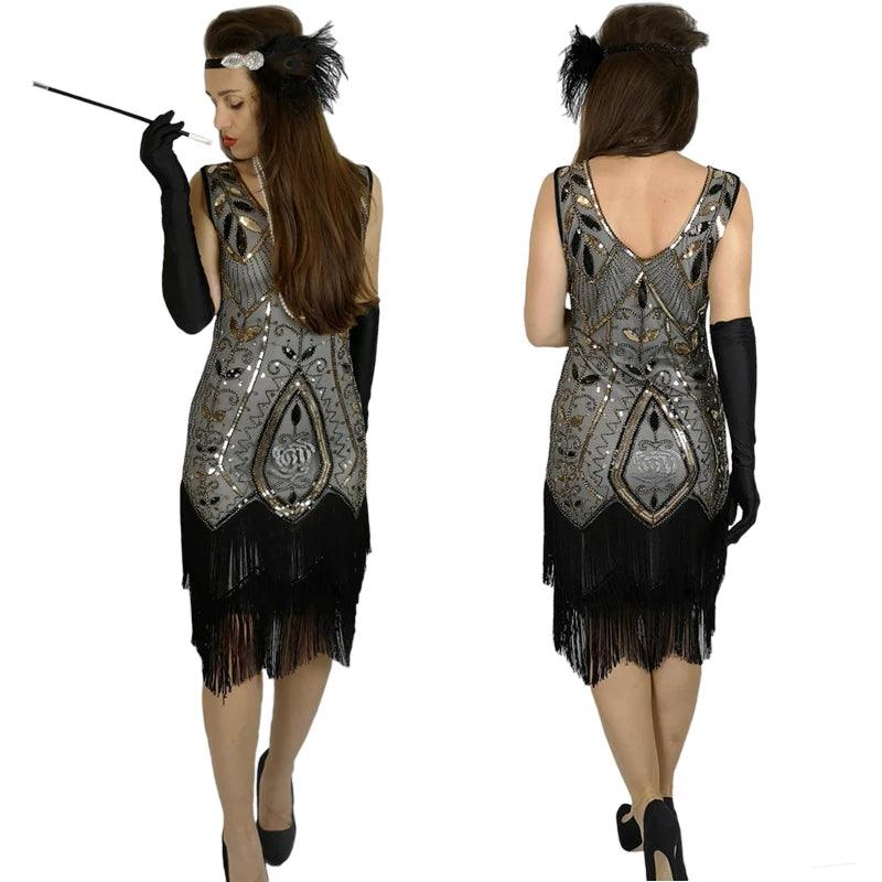 Women 1920s Flapper Dress Art Deco Great Gatsby Dress Vestidos V-Neck Sleeveless Flower Embroidered Tiered Fringe Sequin Dress - Twinsupliers