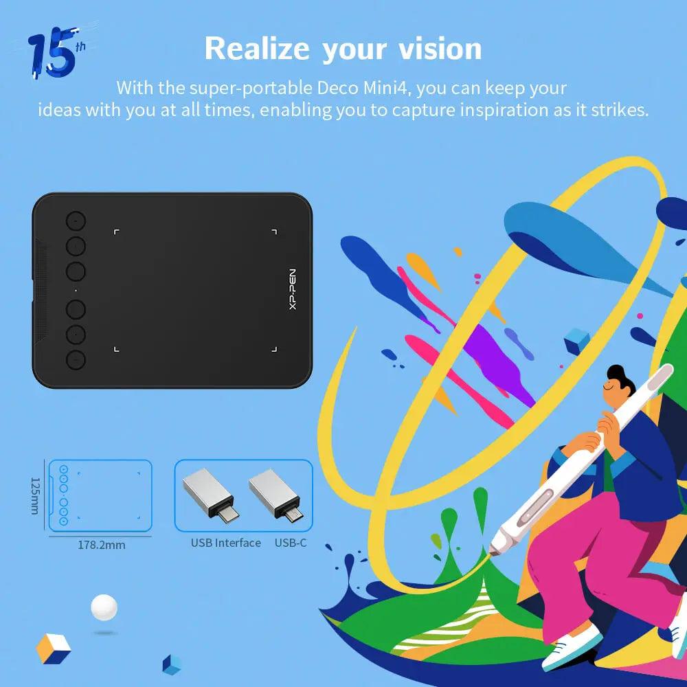 XPPen Deco Mini4 Anniversary Edition with Stickers Postcards 4x3 Inch Digital Drawing Tablet Support Android Windows Mac - Twinsupliers