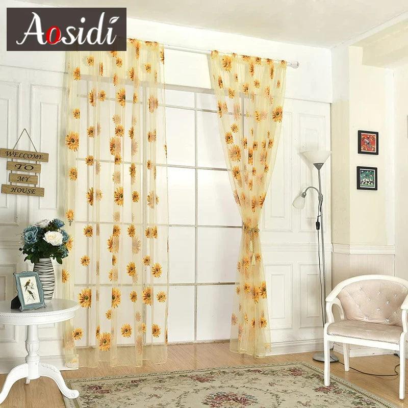 Yellow Floral Window Sheer Tulle Curtains for living Room Children Kids Bedroom Voile Organza Kitchen Curtains Cute Daisy Drapes - Twinsupliers