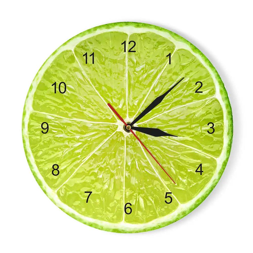 Yellow Lemon Fruit Wall Clock Lime Modern Kitchen Clock Watch Home Decor Living Room Clock Tropical Fruit Wall Art Timepieces - Twinsupliers